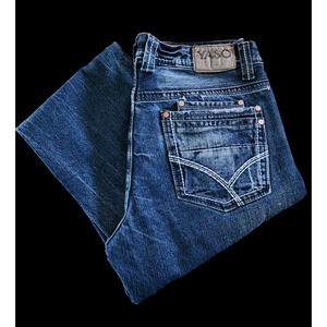 YASO men denim distressed blue jeans white stitching W32 L33